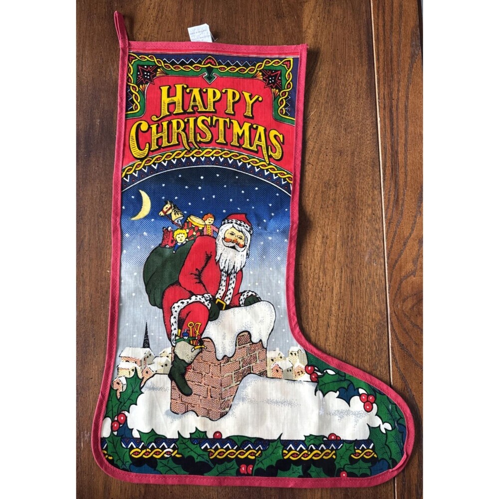 Vintage Christmas Stocking OilCloth Cotton By Sari Fabrics 22” Santa In Chimney
